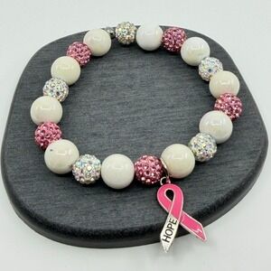 Pink Ribbon Hope Charm Beaded Stretch Bracelet Breast Cancer Awareness Boho